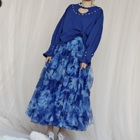 Blue Military Pattern Skirt, Women High Waisted Tulle Maxi Skirt , Custom Size Holiday Outfit - Thumbnail 1