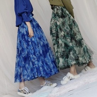 Blue Military Pattern Skirt, Women High Waisted Tulle Maxi Skirt , Custom Size Holiday Outfit - Thumbnail 3