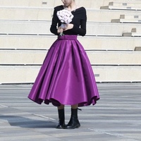 Red A-line Satin Skirt Outfit , Women Custom Plus Size Pleated Skirt , A-line Holiday Party Skirt with Pockets - Thumbnail 4