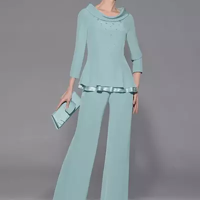 Elegant chiffon mother's suit dress beaded bride pant suits two pieces plus size formal wear mother of the groom dresses