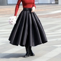 BLACK A-line Satin Skirt Outfit , Women Custom Plus Size Pleated Skirt , A-line Holiday Party Skirt with Pockets - Thumbnail 1