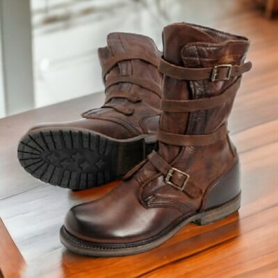 Vs1702 tanker boot, men's vintage shoe tanker leather chocolate harness  - Thumbnail 1