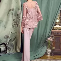 Elegant Pink Pantsuits Mother Of The Bride Dresses Jewel Neck Long Sleeves Lace Prom Dress Chiffon Pants Formal Wedding Guest Gowns  - Thumbnail 1