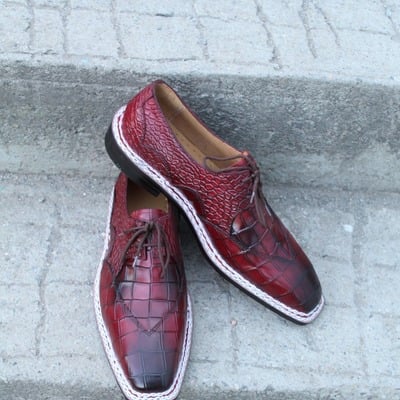 Crafted leather burgundy patina leather crocodile alligator wingtip oxford dress shoes - Thumbnail 4