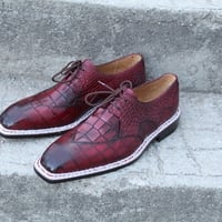 Crafted Leather Burgundy Patina Leather Crocodile Alligator Wingtip Oxford Dress Shoes - Thumbnail 1