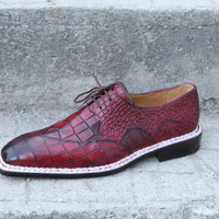 Crafted Leather Burgundy Patina Leather Crocodile Alligator Wingtip Oxford Dress Shoes - Thumbnail 2
