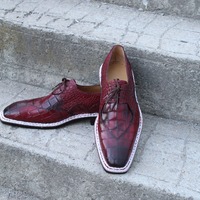 Crafted Leather Burgundy Patina Leather Crocodile Alligator Wingtip Oxford Dress Shoes - Thumbnail 4