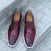Crafted Leather Burgundy Patina Leather Crocodile Alligator Wingtip Oxford Dress Shoes - Thumbnail 6