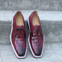 Crafted Leather Burgundy Patina Leather Crocodile Alligator Wingtip Oxford Dress Shoes - Thumbnail 8