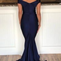 Off Shoulder Mermaid Dark Navy Long Evening Formal Dress - Thumbnail 1