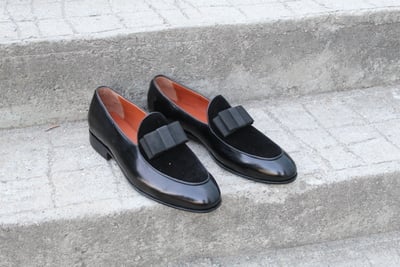 Crafted Leather Black Calf and Velvet Contrast Opera Pumps Loafers Dress Shoes