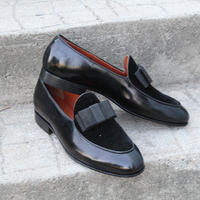 Crafted Leather Black Calf and Velvet Contrast Opera Pumps Loafers Dress Shoes - Thumbnail 1