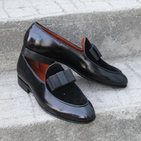 Crafted Leather Black Calf and Velvet Contrast Opera Pumps Loafers Dress Shoes - Thumbnail 3