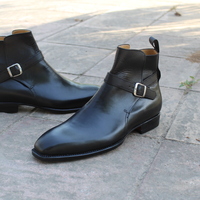 Crafted Leather Classic Bespoke Dress Shoes Black Calf Leather Buckle Strap Jodhpur Boot - Thumbnail 4