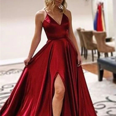 Lace-up back a-line brugundy long prom dress with slit - Thumbnail 1