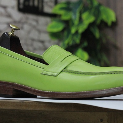 Handmade men's green leather, penny loafer shoes ,slip on moccasion shoes