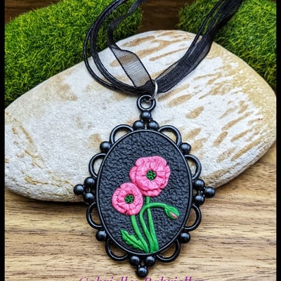 Poppies pendant necklace polymer clay sculpture 