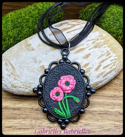 Poppies pendant necklace polymer clay sculpture 