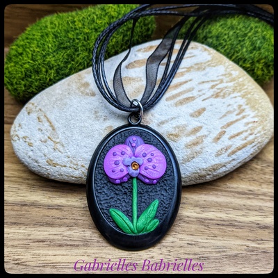 Orchid flower necklace pendant polymer clay sculpture 