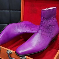 New Men's Handmade Formal Shoes Purple Leather Pull On Ankle High Stylish Zip Up Boots - Thumbnail 1