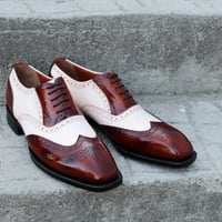 Crafted Leather Bespoke Handmade Men Dress Shoes Brown White Leather Wingtip Oxford  - Thumbnail 1