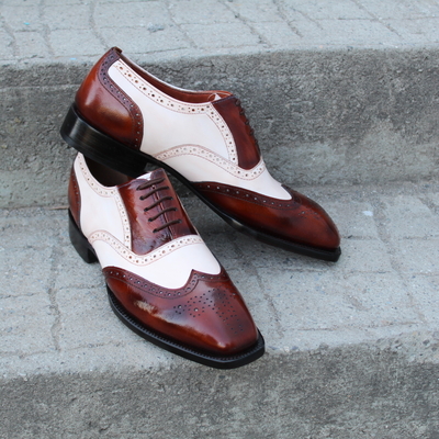 Crafted leather bespoke handmade men dress shoes brown white leather wingtip oxford  - Thumbnail 5