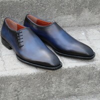 Crafted Leather Handmade Blue Black Shaded Classic Oxford Lace up Dress Shoes - Thumbnail 2