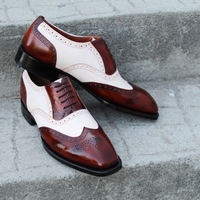 Crafted Leather Bespoke Handmade Men Dress Shoes Brown White Leather Wingtip Oxford  - Thumbnail 2