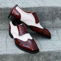 Crafted Leather Bespoke Handmade Men Dress Shoes Brown White Leather Wingtip Oxford  - Thumbnail 4