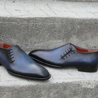 Crafted Leather Handmade Blue Black Shaded Classic Oxford Lace up Dress Shoes - Thumbnail 3