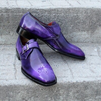 Crafted leather luxury dress shoes classic purple patina leather monk strap - Thumbnail 4