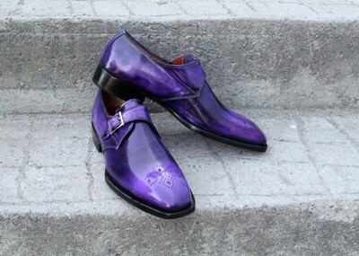 Crafted Leather Luxury Dress Shoes Classic Purple Patina Leather Monk Strap