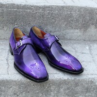 Crafted Leather Luxury Dress Shoes Classic Purple Patina Leather Monk Strap - Thumbnail 1