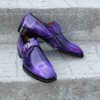Crafted Leather Luxury Dress Shoes Classic Purple Patina Leather Monk Strap - Thumbnail 2