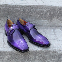 Crafted Leather Luxury Dress Shoes Classic Purple Patina Leather Monk Strap - Thumbnail 3