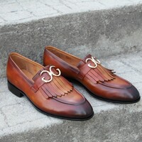 Crafted Leather Handmade Men Brown Fringes Loafers Dress Shoes - Thumbnail 1