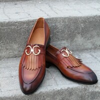 Crafted Leather Handmade Men Brown Fringes Loafers Dress Shoes - Thumbnail 2