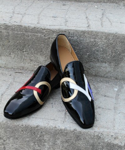 Crafted Leather Handmade Black Patent Leather Designer Loafers Moccasin Dress Shoes