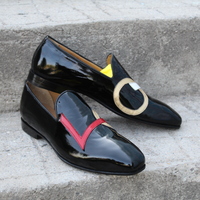 Crafted Leather Handmade Black Patent Leather Designer Loafers Moccasin Dress Shoes - Thumbnail 1