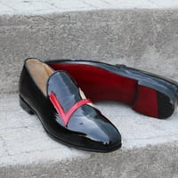 Crafted Leather Handmade Black Patent Leather Designer Loafers Moccasin Dress Shoes - Thumbnail 2