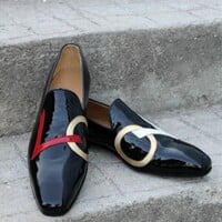 Crafted Leather Handmade Black Patent Leather Designer Loafers Moccasin Dress Shoes - Thumbnail 5