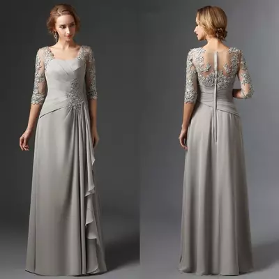 Silver mother of the bride dresses a-line half sleeves chiffon lace plus size long elegant groom wedding party gown 