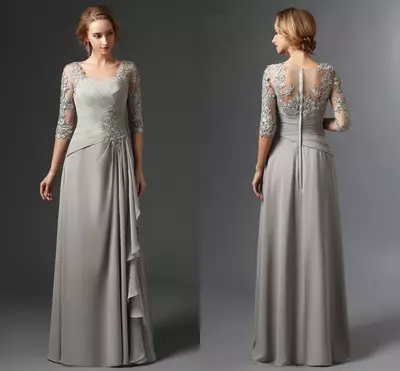 Silver Mother Of The Bride Dresses A-line Half Sleeves Chiffon Lace Plus Size Long Elegant Groom Wedding Party Gown 