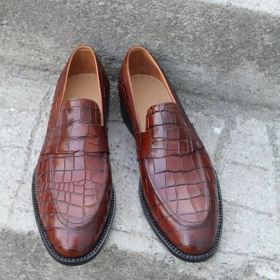 Crafted leather classic brown leather crocodile alligator moccasin loafers dress shoes - Thumbnail 5
