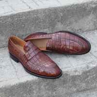 Crafted Leather Classic Brown Leather Crocodile Alligator Moccasin Loafers Dress Shoes - Thumbnail 3