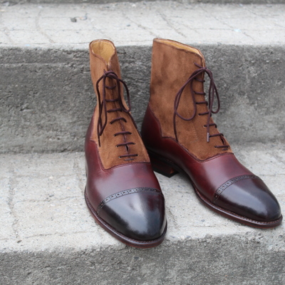 Crafted leather custom made dress shoes burgundy leather brown suede ankle high lace up boot - Thumbnail 4