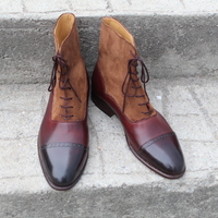 Crafted Leather Custom Made Dress Shoes Burgundy Leather Brown Suede Ankle High Lace up Boot - Thumbnail 1