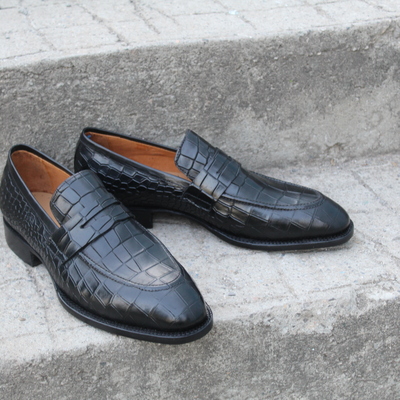 Crafted leather classic black exotic crocodile alligator leather loafers dress shoes - Thumbnail 3