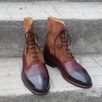 Crafted Leather Custom Made Dress Shoes Burgundy Leather Brown Suede Ankle High Lace up Boot - Thumbnail 4
