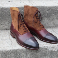 Crafted Leather Custom Made Dress Shoes Burgundy Leather Brown Suede Ankle High Lace up Boot - Thumbnail 5